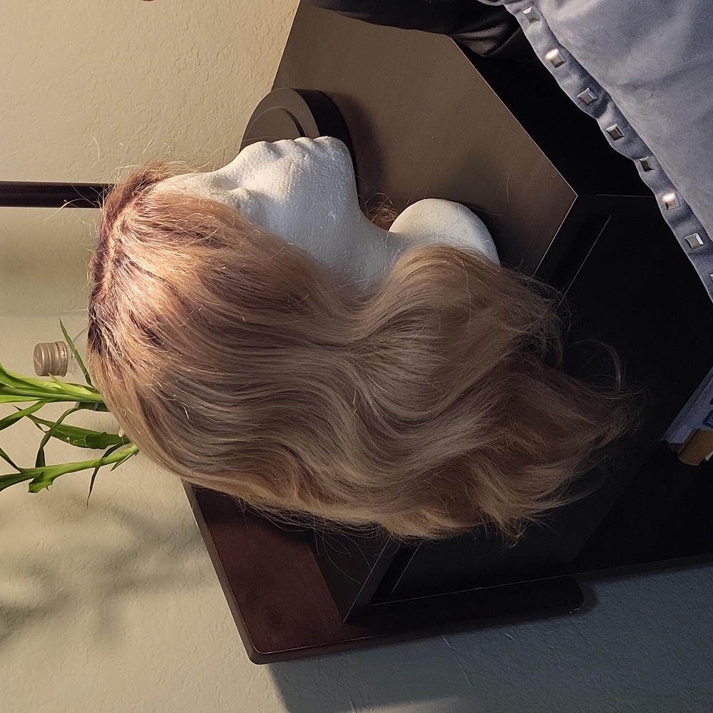 16 in Human Hair Blonde Wig with dark roots. Center part 4 x 4 transparent lace.